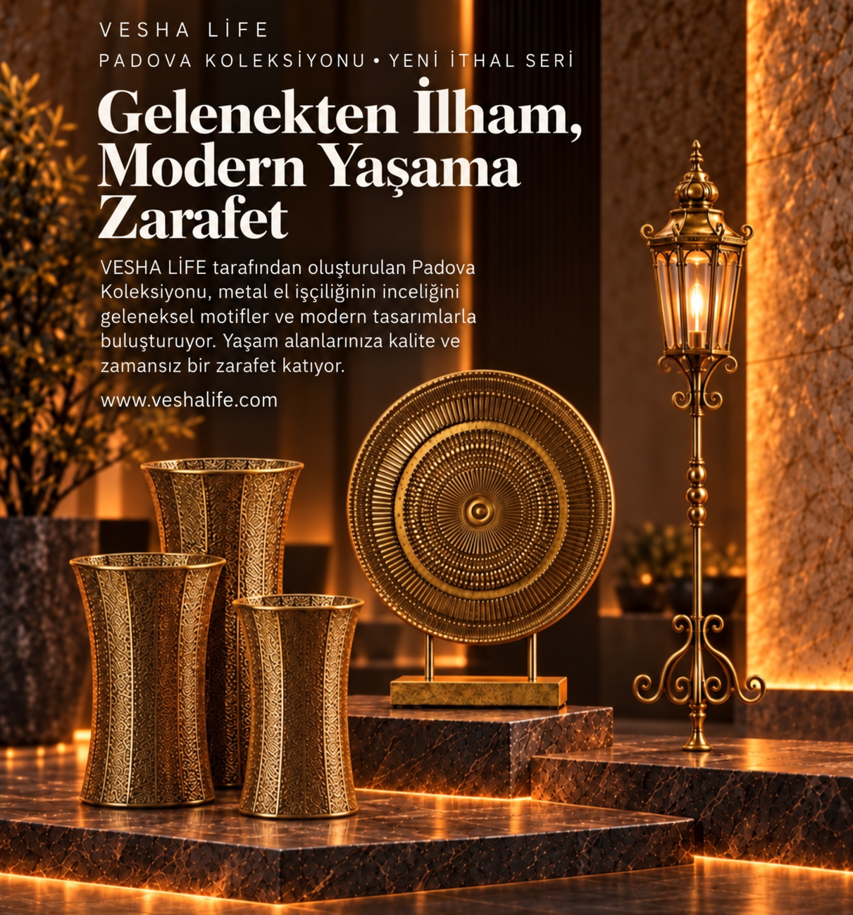 VESHA LİFE Padova Koleksiyonu: altın tonlarında işlemeli metal vazolar, dairesel dekoratif obje ve fener